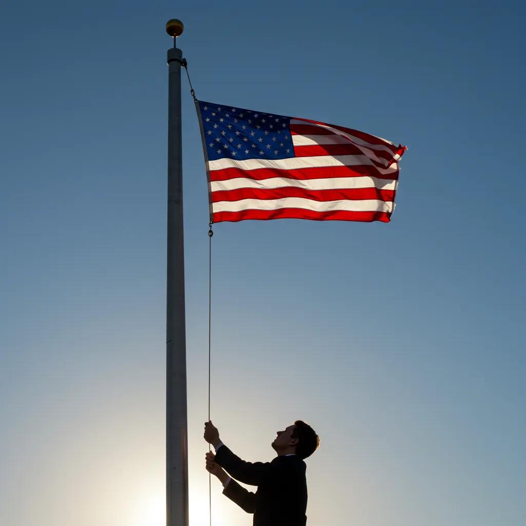 A person raising the American flag at sunrise, symbolizing patriotism and respect