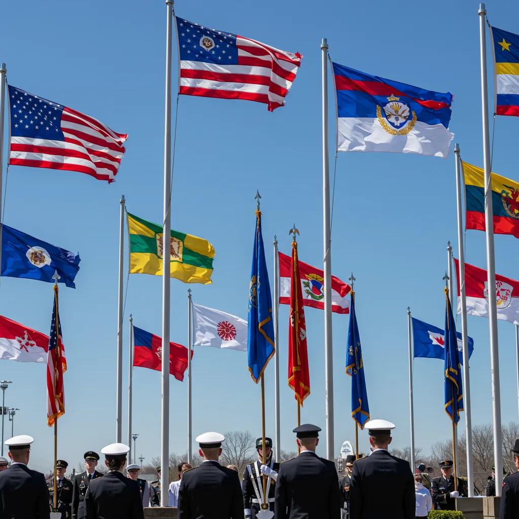 A solemn display of U.S. military flags during a special observance, symbolizing unity and respect for all branches of service