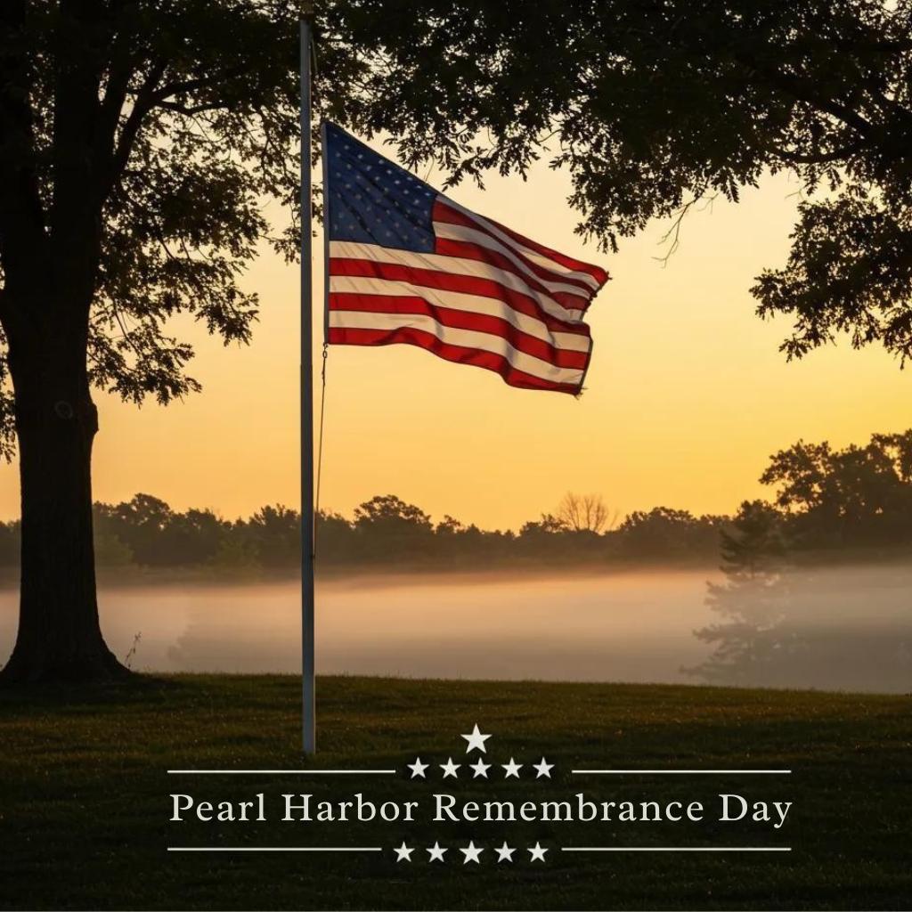 American flag flying at half-staff against a somber sky, marking Pearl Harbor Remembrance Day