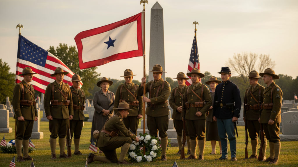 World War 1 soldiers in front of a Blue Star flag honoring those who serve in the military.