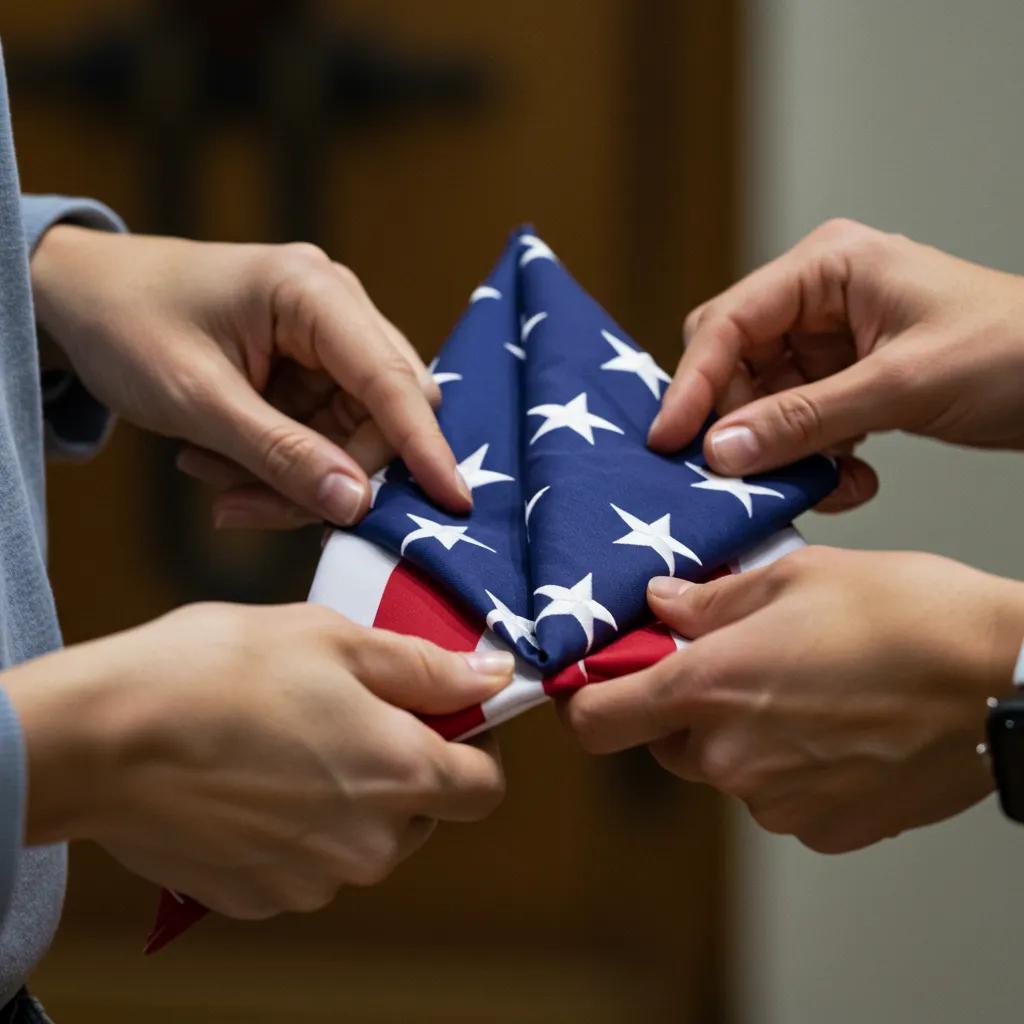 Close-up of two individuals folding the American flag into a triangle, showcasing the ceremonial process Close-up of two individuals folding the American flag into a triangle, showcasing the ceremonial process