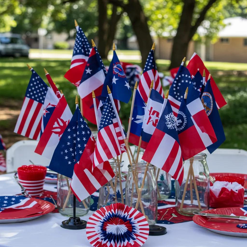 Creative table display with mini flags for Armed Forces Day celebration Creative table display with mini flags for Armed Forces Day celebration