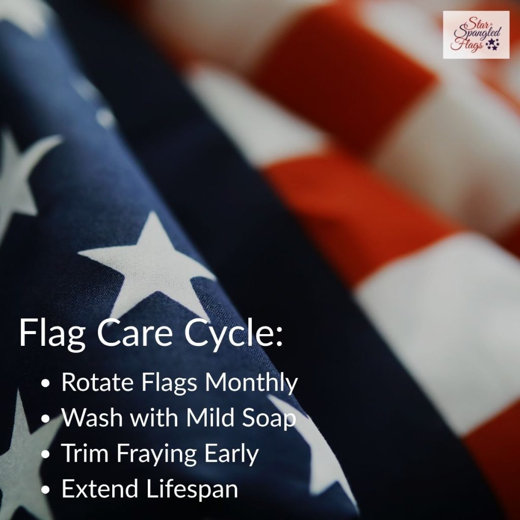 Close-up of an American flag with tips for flag care, including monthly rotation, gentle washing, trimming frayed edges, and extending flag lifespan.