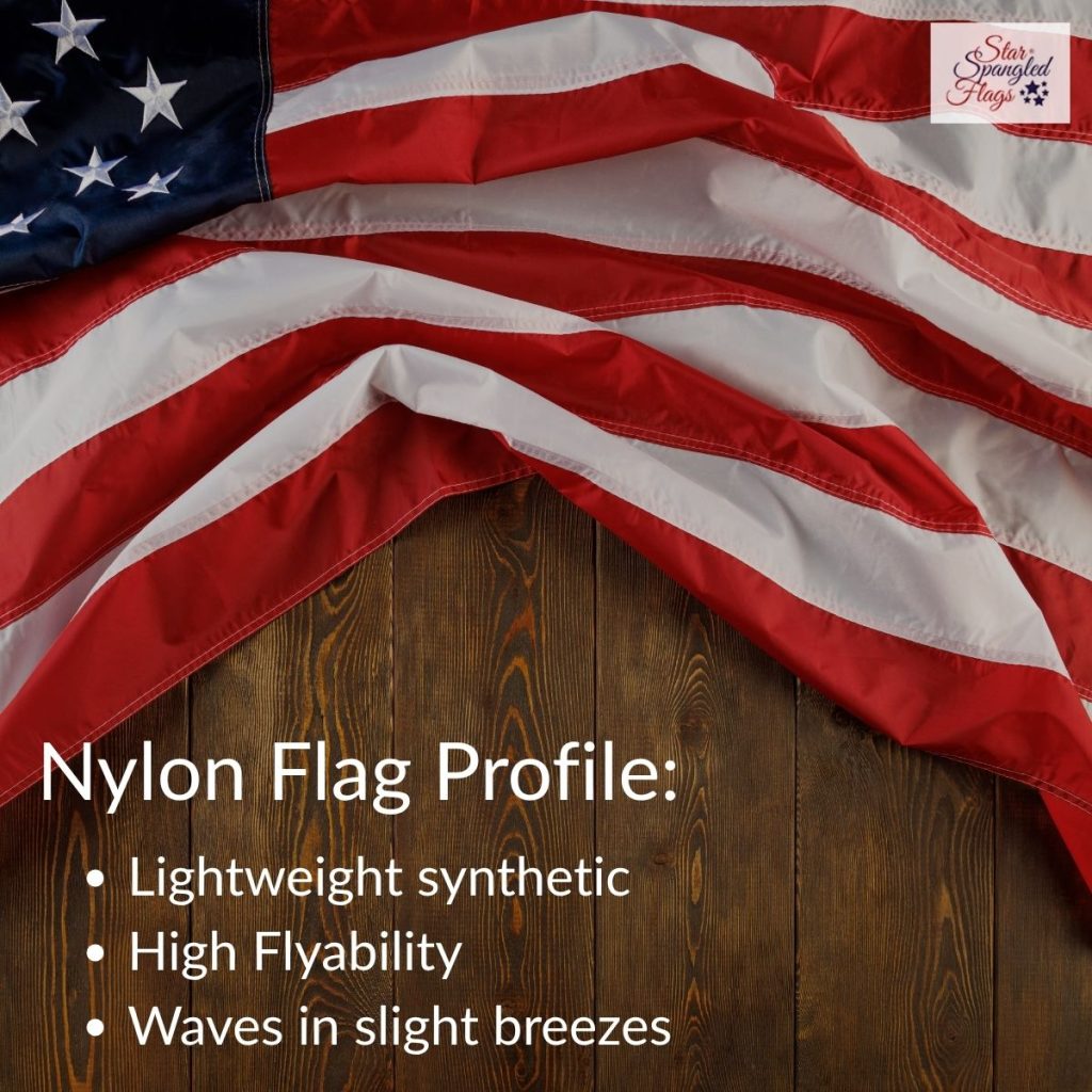 American nylon flag displayed over a wooden surface, highlighting its lightweight, highly flyable fabric that moves easily in light breezes.
