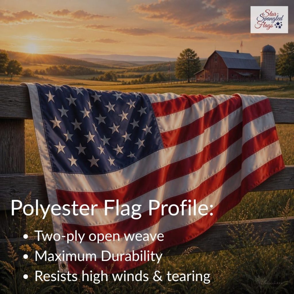 American flag draped over a fence in a rural landscape, illustrating the durable two-ply open-weave polyester fabric designed to resist wind and tearing.