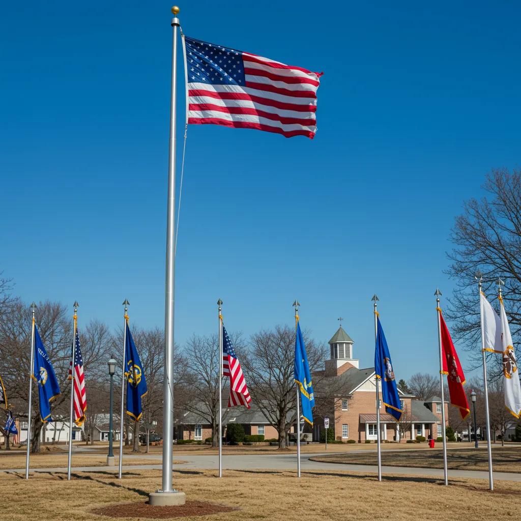 Proper display of the American flag with military branch flags during Armed Forces Day Proper display of the American flag with military branch flags during Armed Forces Day