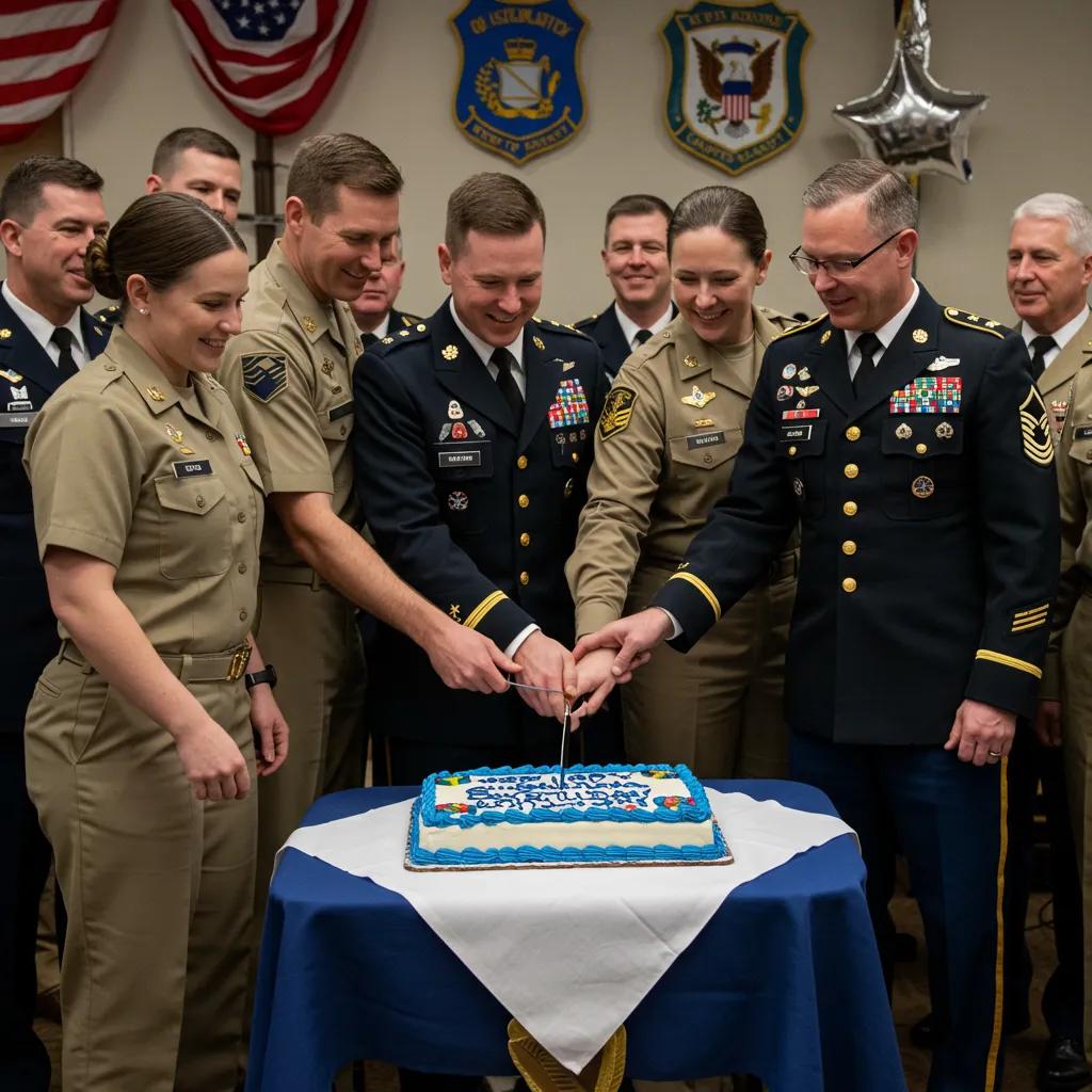 Service members participating in a traditional cake-cutting ceremony to celebrate a military birthday, highlighting camaraderie and branch customs Service members participating in a traditional cake-cutting ceremony to celebrate a military birthday, highlighting camaraderie and branch customs