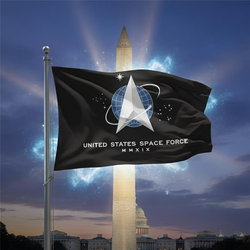 Space Force Flag in DC Space Force flag flying on flagpole with Washington DC landmarks in the background