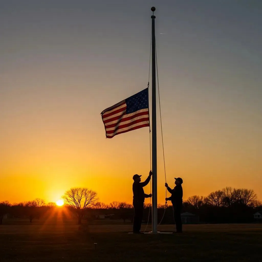 Two individuals preparing to lower the American flag at sunset, emphasizing respect and protocol