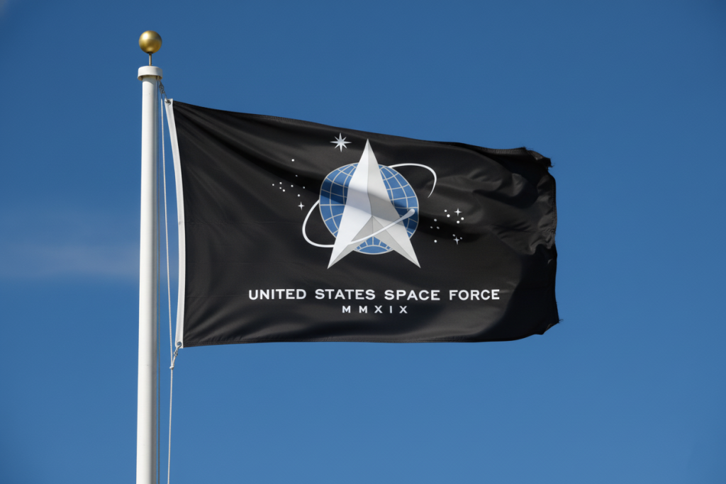Space Force flag flying on residential flagpole - weather resistant nylon construction