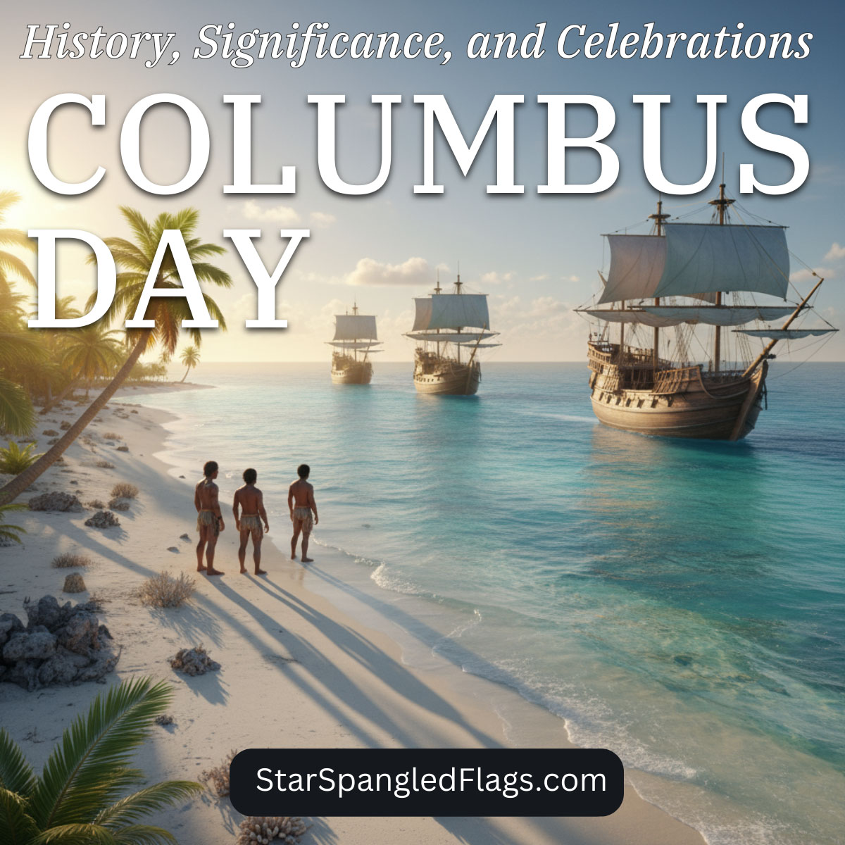 Columbus Day shown at sunrise with natives on the beach.