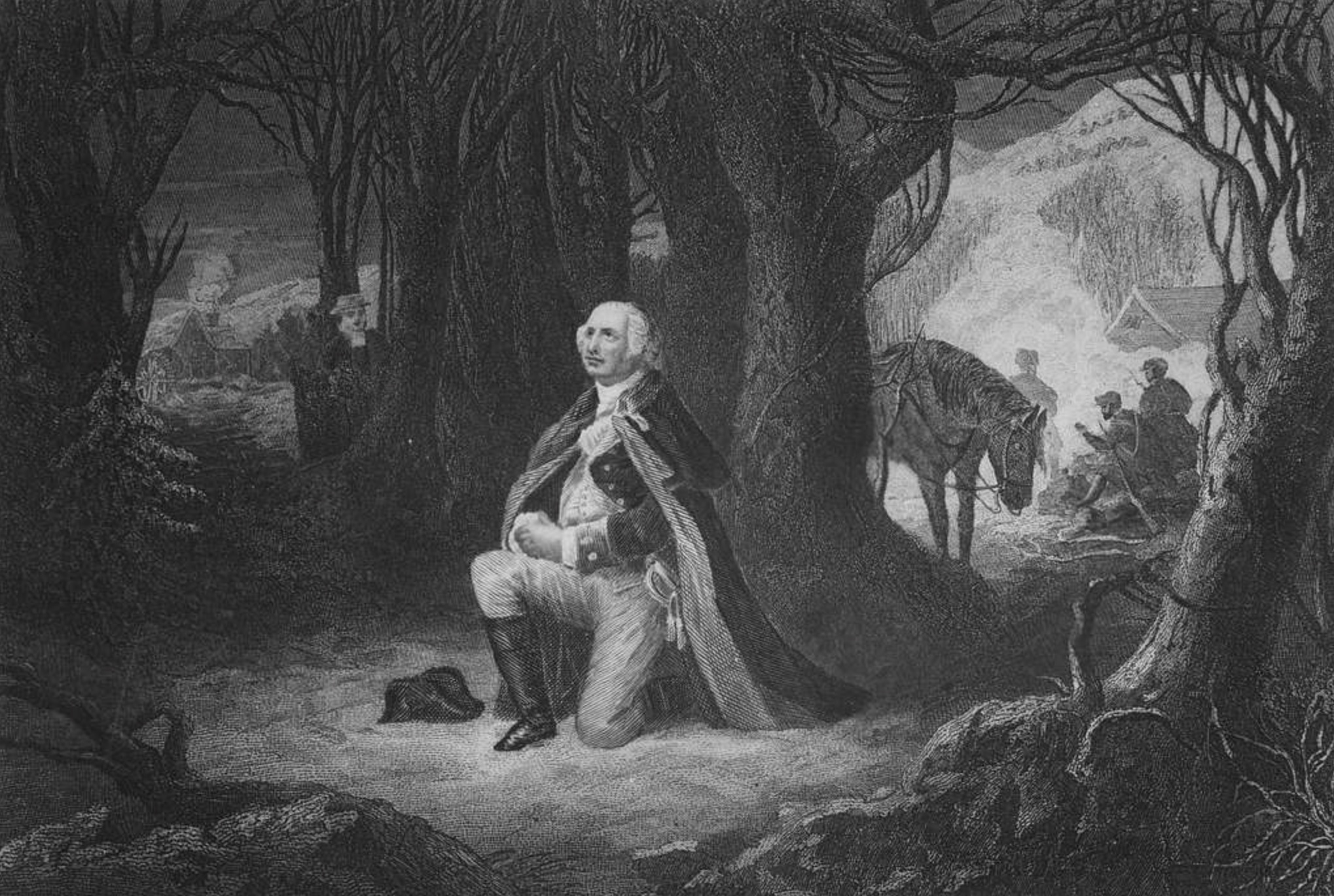 George Washington kneeling in the snow to pray at Valley Forge