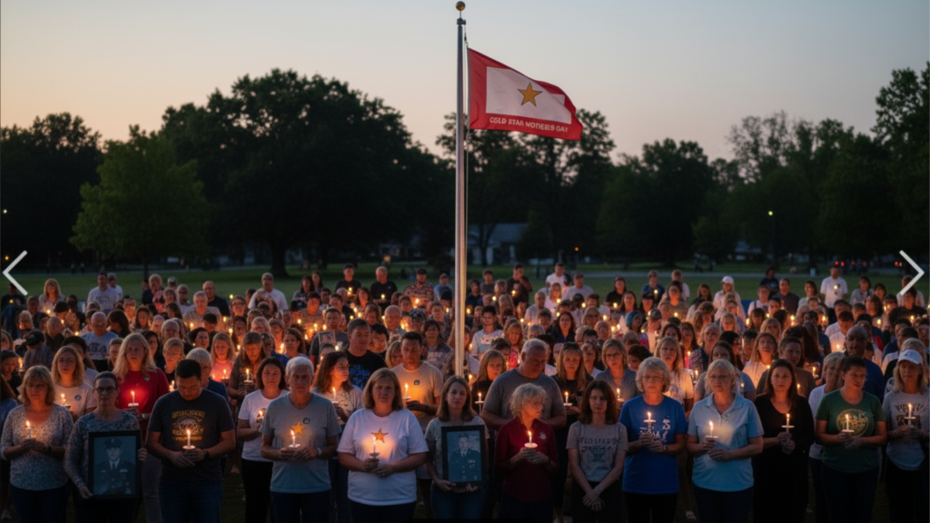 A moving candlelight vigil held in a community park to honor Gold Star Families, with participants holding lit candles.
