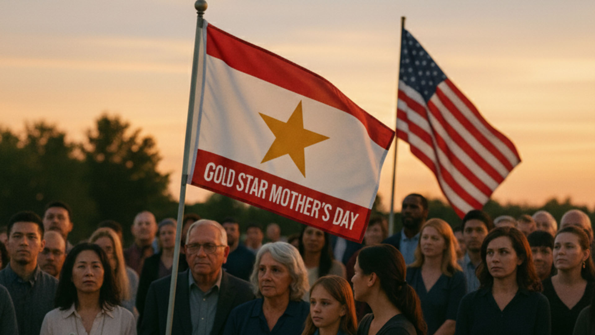 A poignant display of the Gold Star Service Flag at a gathering honoring Gold Star Families, with loved ones present.